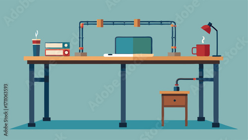 A large industrialstyle desk with exposed pipes and metal legs acts as a functional yet stylish workspace.