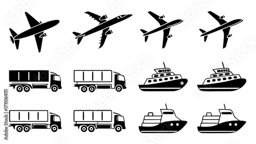Pure black line vector icons of delivery vehicles, planes, and ships, simple side profile outlines, organized in an orderly grid on white.