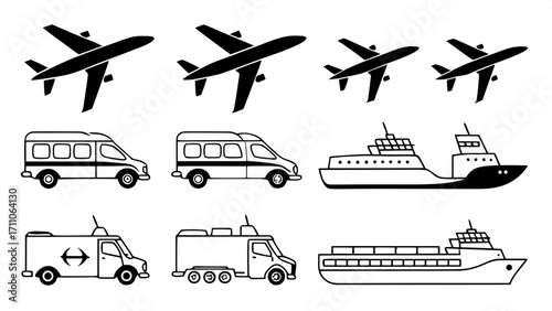 Pure black line vector icons of delivery vehicles, planes, and ships, simple side profile outlines, organized in an orderly grid on white.
