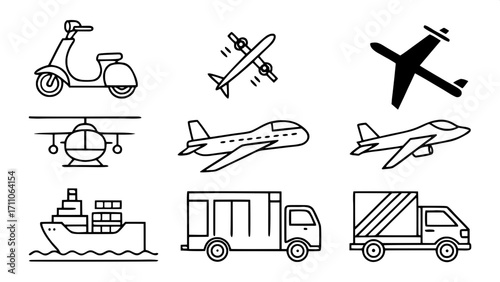 Vector-style thin black line icons of transportation: scooters, drones, planes, trucks, and ships, shown in simple side profile, organized in a tidy layout.