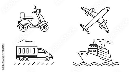 Vector-style thin black line icons of transportation: scooters, drones, planes, trucks, and ships, shown in simple side profile, organized in a tidy layout.