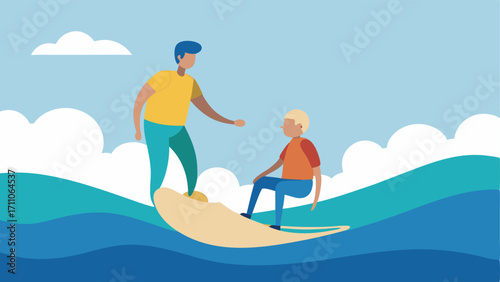 Adaptive Surfing An athlete in a specially designed surfboard with stabilizers riding a wave while an instructor stands beside them offering support with the ocean in the
