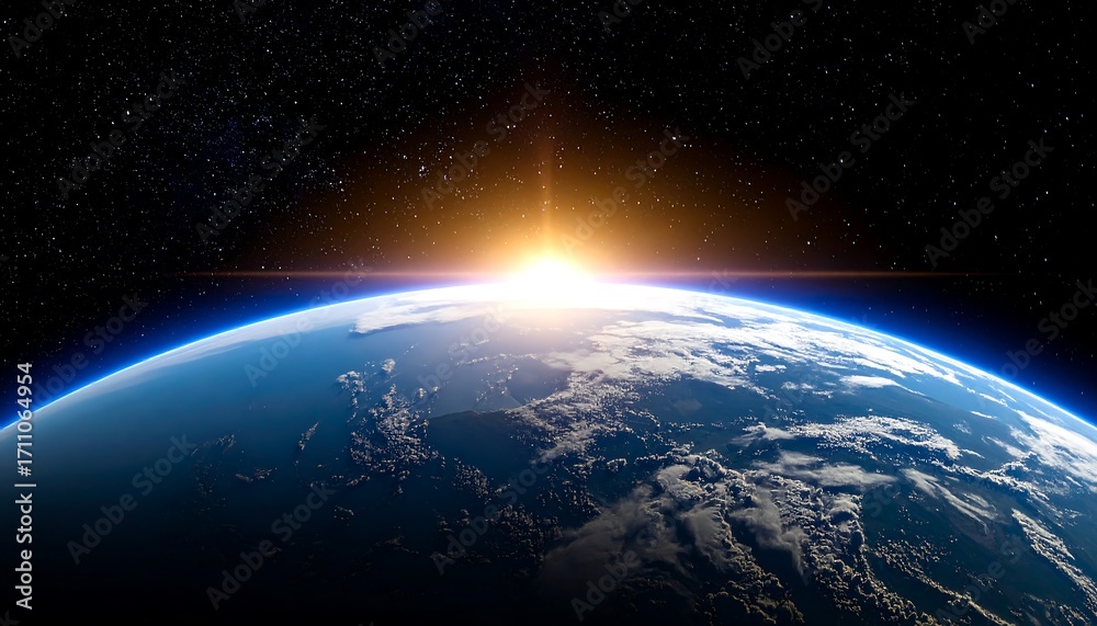Obraz premium A vibrant depiction of planet Earth from space with the sun rising above the horizon, showcasing the atmosphere and stars