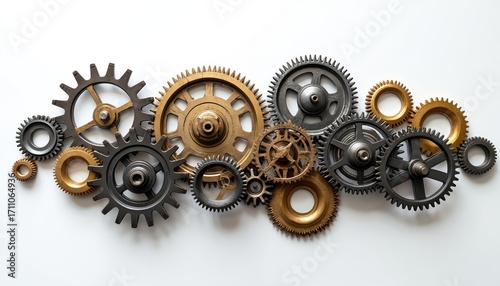 Assorted metal gears, cogs interconnected on plain white surface. Mechanical parts vary in size, color, texture, suggesting complex mechanism vintage industrial design. Arrangement implies