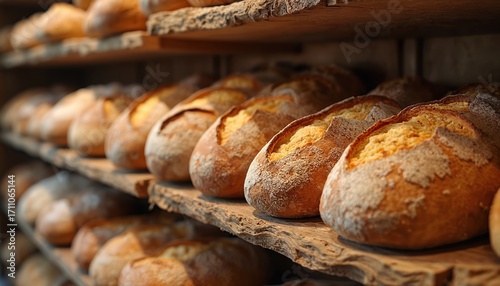 Freshly baked artisan breads with golden crusts and fluffy interiors sit on rustic wooden shelves. Variety of loaves display unique shapes, textures, and appealing crumb structure, inviting enjoyment.