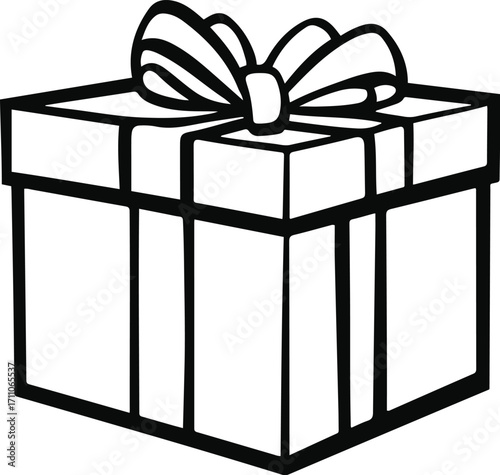  Black bold outline with white background, Minimal line art of gift box with ribbon bow, celebration theme 2