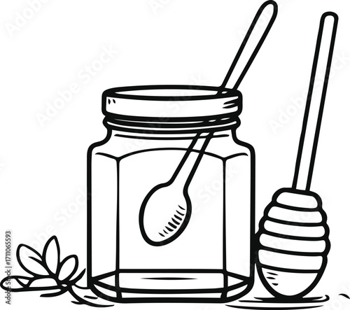 Black bold outline with white background, Minimal line art of honey jar with honey dipper, food illustration 3