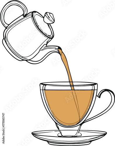 Black bold outline with white background, Minimal line art of teapot pouring tea into small cup, clean style 2