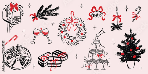 Whimsical chalk doodles of Christmas party. Quirky icons of festive symbols. Crayon drawing for menus and invitations. Outline doodle vector illustration