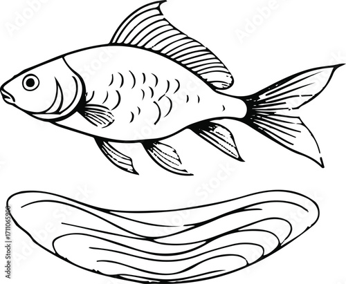 Black bold outline with white background, Minimal single line drawing of fish swimming in bowl, elegant composition 1.