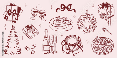 Whimsical chalk doodles of Christmas party. Quirky icons of breakfast and dinner meals in crayon style. Crayon drawing for menus and invitations. Handwriting quirky vector illustration