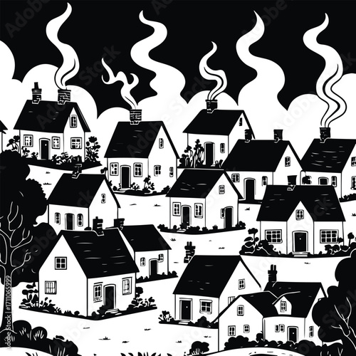 Outline vector of small village houses with smoke coming out of chimneys 1