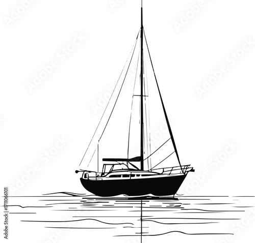Black bold outline with white background, Minimal single line drawing of sailboat on calm sea, black outline 2