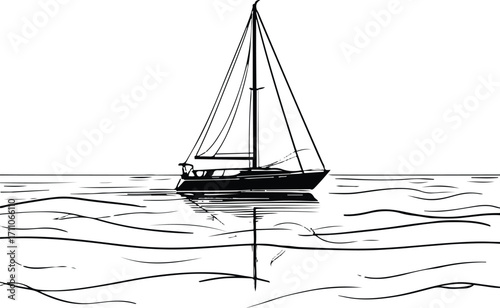 Black bold outline with white background, Minimal single line drawing of sailboat on calm sea, black outline 3