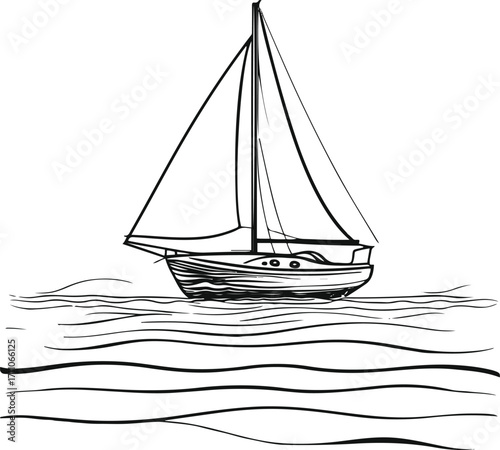 Black bold outline with white background, Minimal single line drawing of sailboat on calm sea, black outline