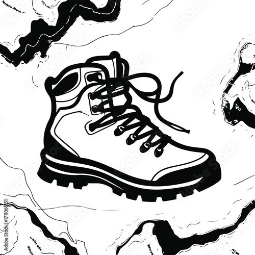 Black bold outline with white background, Outline of hiking boot with laces untied, outdoor exploration theme 1