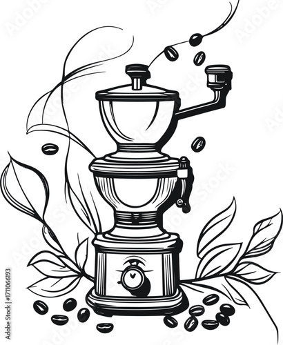 Black bold outline with white background, Outline of small coffee grinder with beans, barista vibe 1