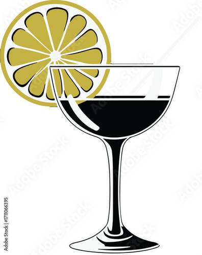 Black bold outline with white background, Outline vector of cocktail glass with lemon slice, summer vibe
