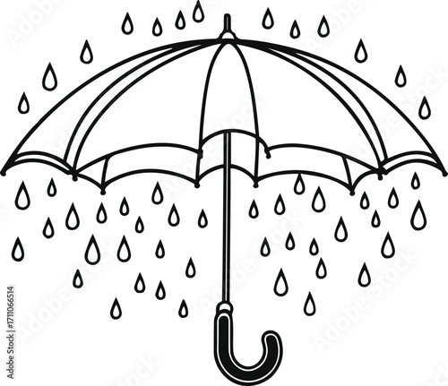 Black bold outline with white background, Outline vector of umbrella with raindrops falling, simple black lines
