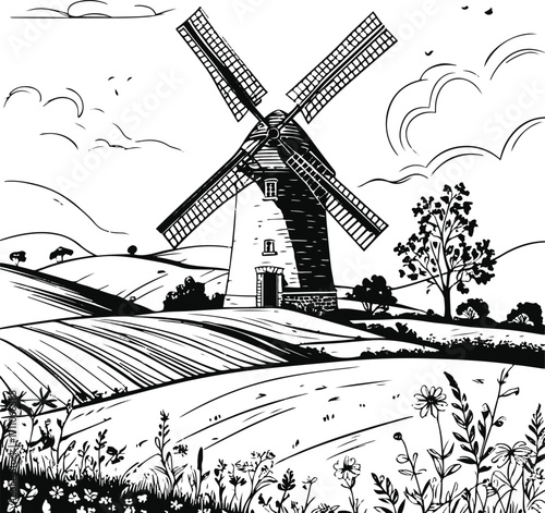 Black line art of windmill with countryside field, thin and clean rural scene illustration