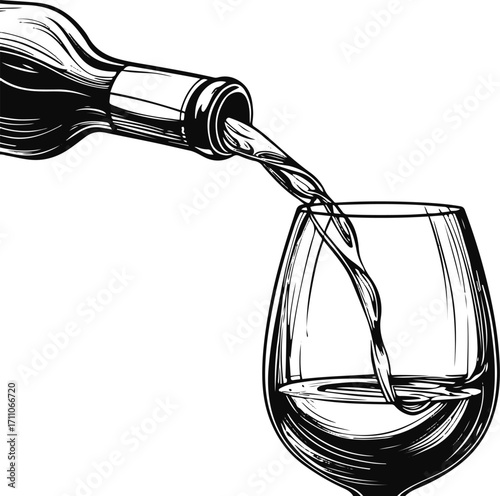 Continuous line art of wine bottle pouring into glass, elegant thin outline style 1