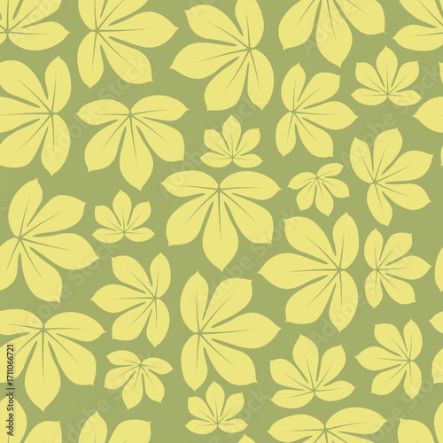A seamless repeating pattern of stylized yellow-green chestnut leaves scattered across a muted olive green background.