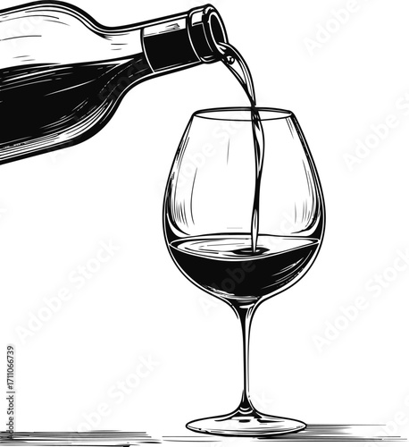 Continuous line art of wine bottle pouring into glass, elegant thin outline style