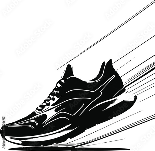 Minimal black line art of running shoes with motion lines, sporty theme 3