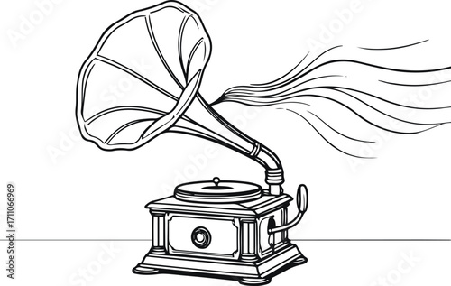 Minimal line art of a vintage gramophone with music waves, clean black outline 2