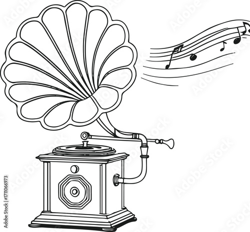 Minimal line art of a vintage gramophone with music waves, clean black outline 1