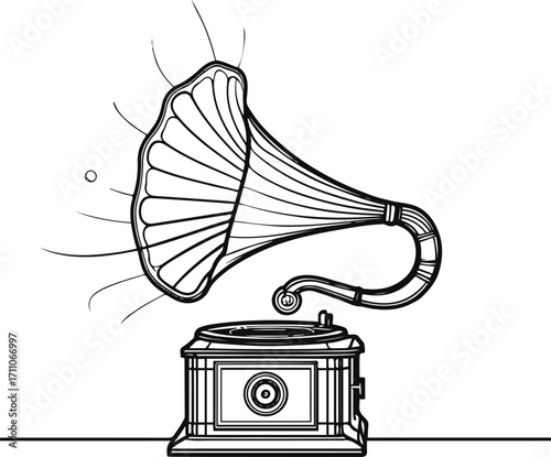 Minimal line art of a vintage gramophone with music waves, clean black outline 3