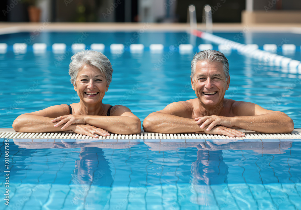 Fototapeta premium Happy senior couple in a pool, enjoying a moment of relaxation, a symbol of vitality and joy in a relationship