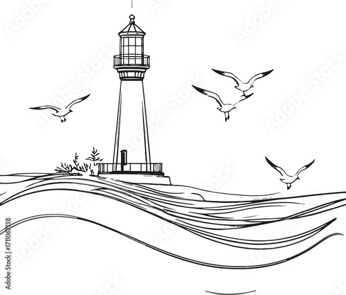 Minimal line art of lighthouse with waves and seagulls, calm coastal theme 1