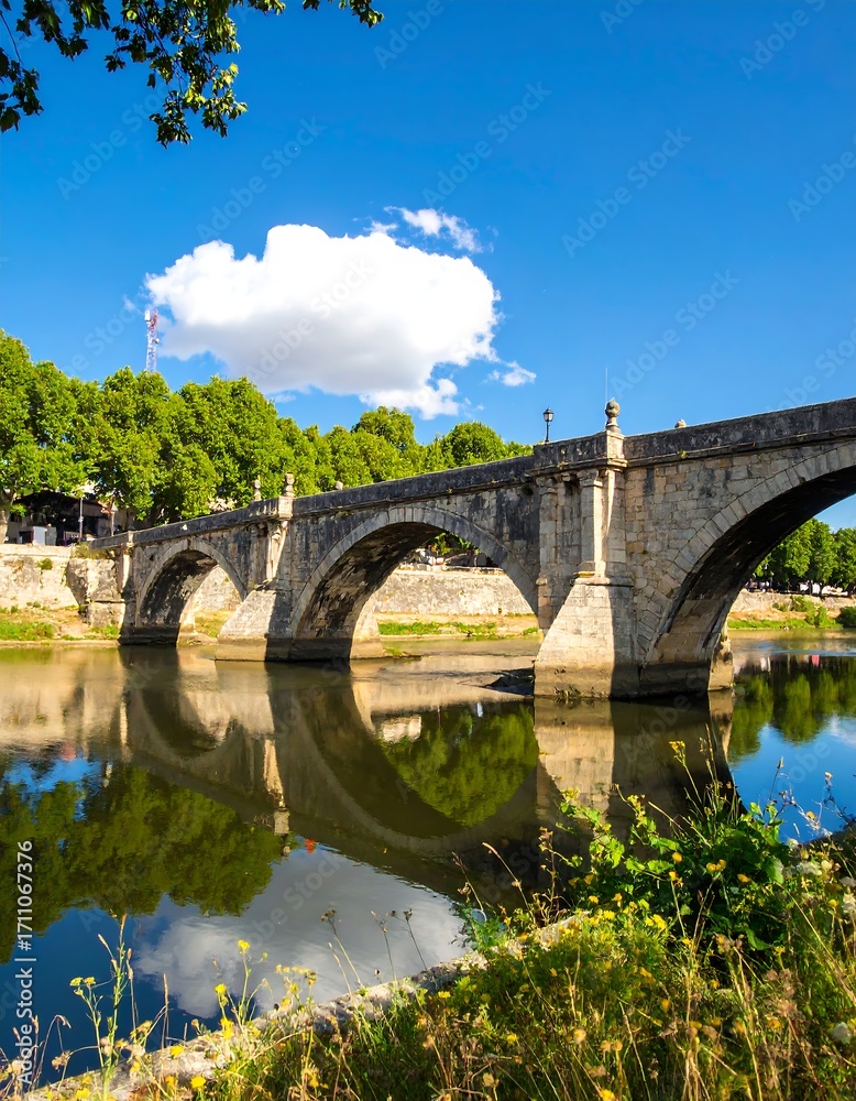 Fototapeta premium Ancient stone arch bridge over a calm river, reflected in the water, with lush green trees and a bright sky