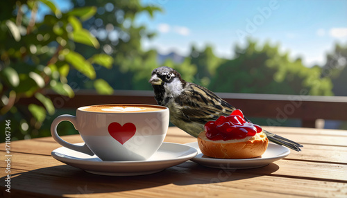 in frecher Spatz auf dem rustikalen Tisch aus Holz beim Frühstück mit einer Tasse Kaffee und einem Marmeladebrötchen - outdoor