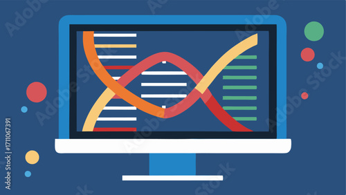 CRISPR Visualization A closeup of a screen displaying a 3D model of a DNA double helix with figures representing CRISPR tools hovering over the strands ready to make edits.