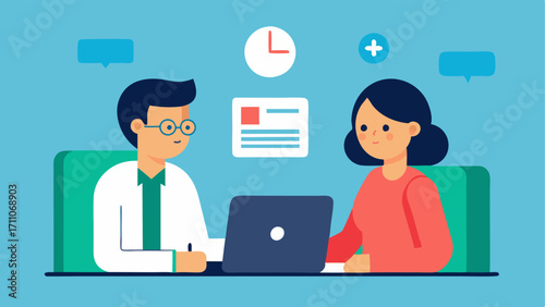 Doctor and Patient at a Desk A doctor and patient sitting at a desk engaging in conversation with a laptop open between them displaying health data graphs.