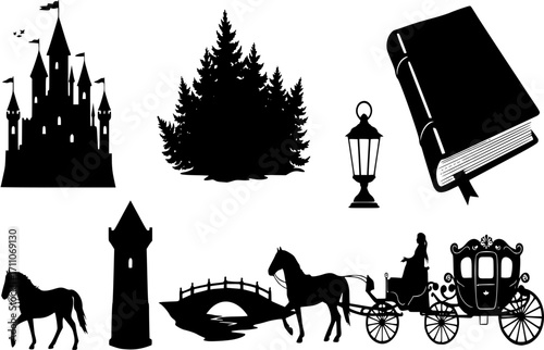 Fairy tale silhouette icon set. featuring castle, forest, lantern, book, tower, bridge, horse, carriage..
