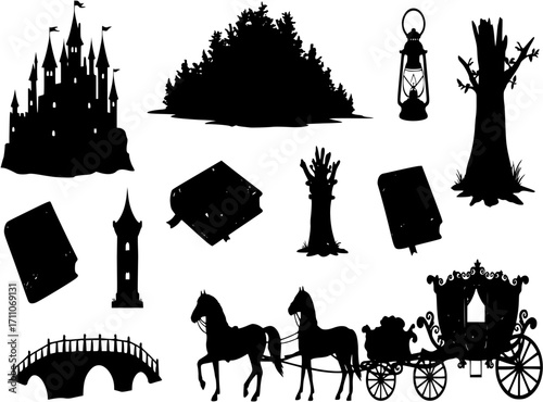 Fairy tale silhouette icon set. featuring castle, forest, lantern, book, tower, bridge, horse, carriage..

