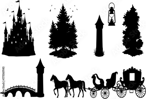 Fairy tale silhouette icon set. featuring castle, forest, lantern, book, tower, bridge, horse, carriage..
