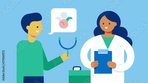 Colonoscopy Preparation A patient receiving instructions from a healthcare professional about preparing for a colonoscopy with a diagram illustrating the process.