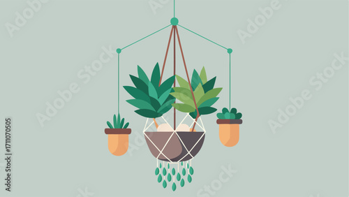 A hanging macrame plant holder with a succulent plant cascading down.