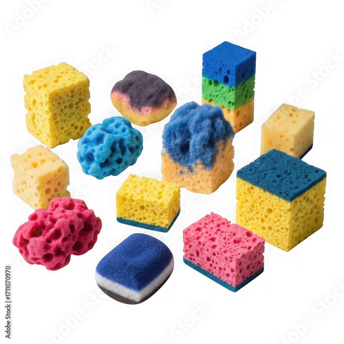 Assortment of colorful cleaning sponges isolated on transparent background