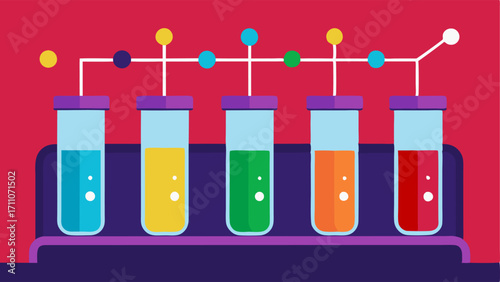 Blood Sample Test Tubes Rows of test tubes filled with colorful liquid with a connected AI device analyzing them showing dynamic graphs in the background.