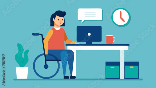 Accessible Workspace An office scene showing adaptive equipment like a wheelchairaccessible desk sign language interpreter and assistive technology.