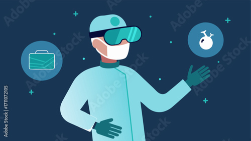 Error Correction A surgeon in VR looking surprised while a holographic assistant points out a mistake in the simulated showcasing an educational moment.