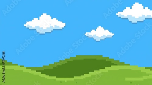 A vibrant pixel art landscape with rolling green hills and a bright blue sky evoking a classic 8-bit retro video game scene perfect for a scenic game level or background art