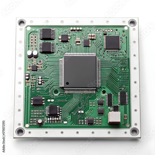 Green Electronic Circuit Board with Microchip and Components
