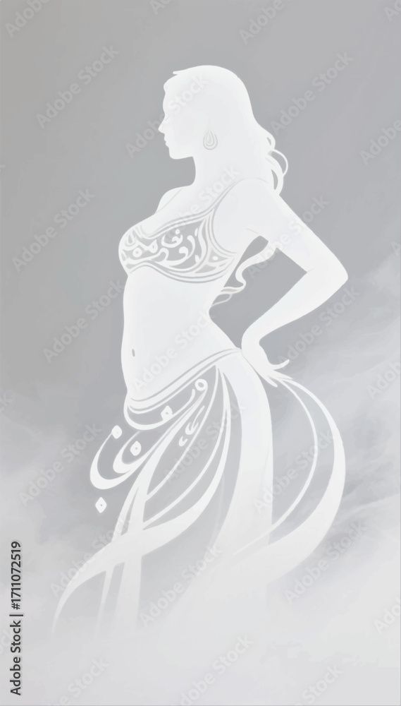 Fototapeta premium Monochrome translucent illustration of a silhouette of a woman in a light silk dress. Vector graphics. EPS.