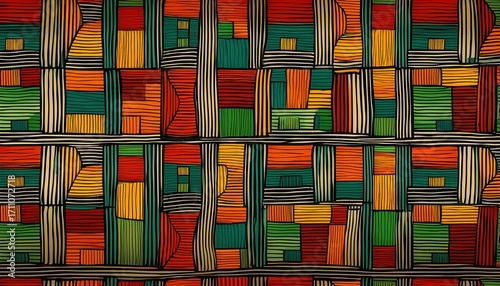 african inspired hand drawn square block tiles pattern with simple geometric lines and shapes bright colorful ethnic print wallpaper background design for black history month juneteenth kwanzaa